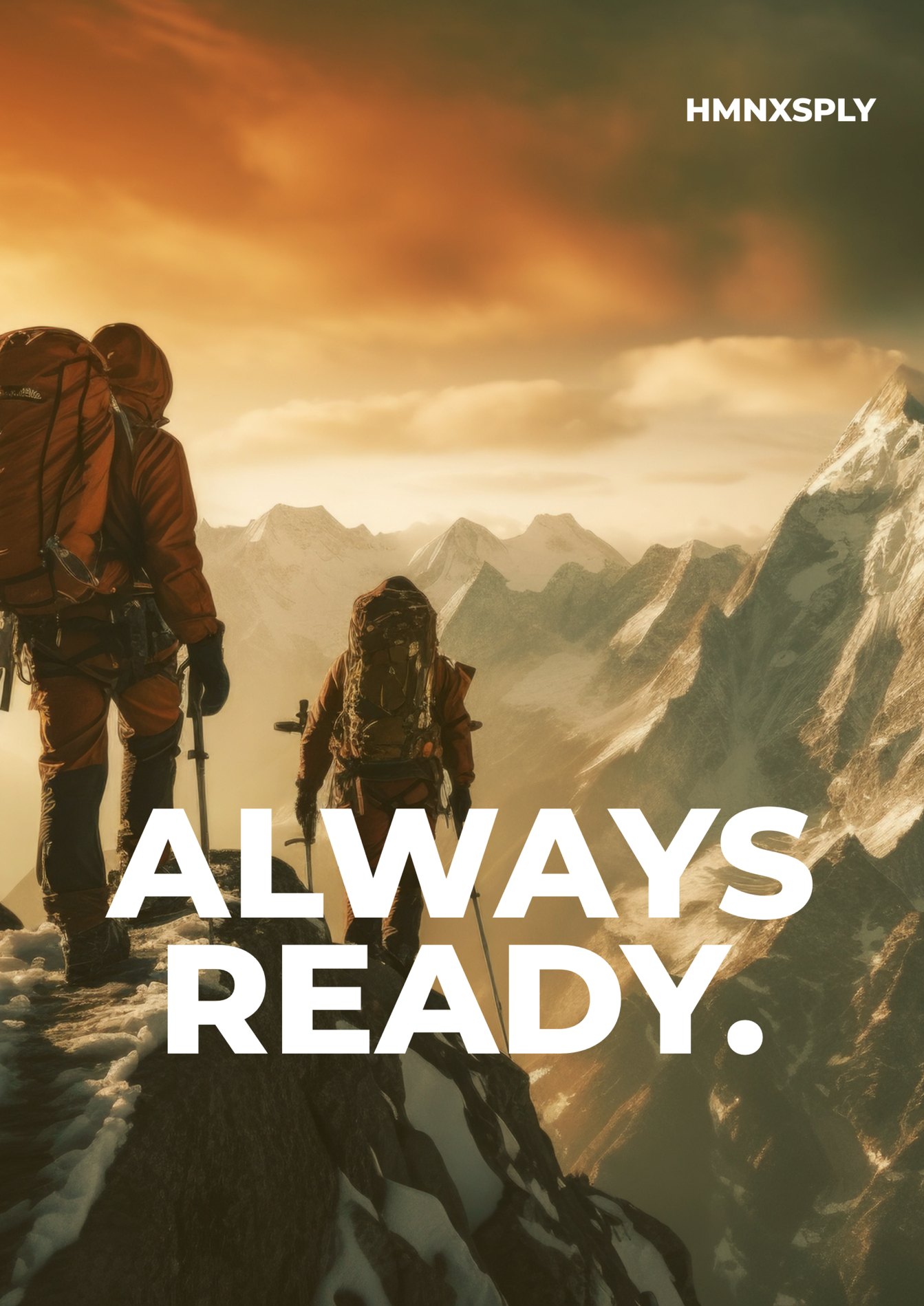 HMNXSPLY, Always Ready. Two climbers ascend at dawn.